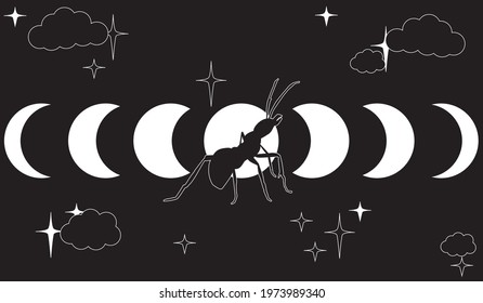 Ant in the full moon sky flat design vector illustration. Ant in a starry night with clouds. 2D cartoon japanese anime style hand drawn drawing. Aesthetic style background texture. Tattoo inspiration.