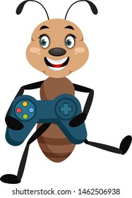 Ant with gamepad, illustration, vector on white background.