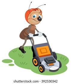 Ant gardener mows lawn. Cartoon illustration