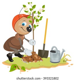 Ant Gardener planting tree. Cartoon illustration