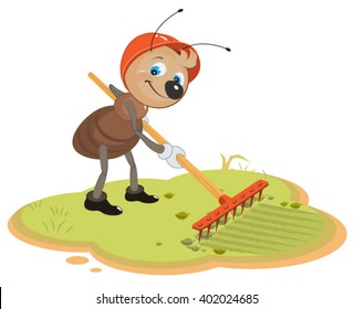 Ant Gardener with rake. Cartoon illustration in vector format
