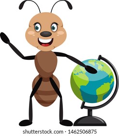 Ant with globe, illustration, vector on white background.