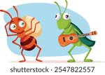 
Ant and the Grasshopper Fable Vector Cartoon Illustration. Classical tale of moral and virtue with rival insects 
