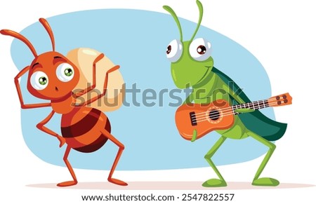 
Ant and the Grasshopper Fable Vector Cartoon Illustration. Classical tale of moral and virtue with rival insects 
