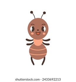 Ant happy cartoon character vector illustration. Cheerful insect mascot in flat style. Isolated on white background for baby kids summer design