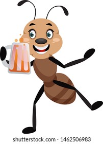 Hormiga sosteniendo cerveza, ilustración, vector sobre fondo blanco.