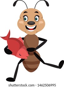 Ant holding fish, illustration, vector on white background.