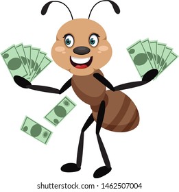 Ant holding money, illustration, vector on white background.