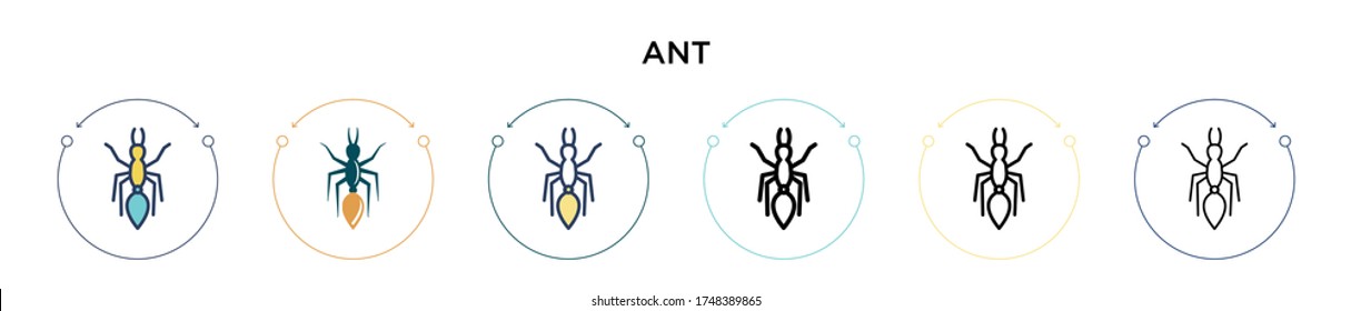 Icono de hormiga en el estilo relleno, delgado, contorno y trazo. Ilustración vectorial de dos iconos vectores de color y negro se puede utilizar para móviles, ui, web