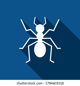 Ant icon on blue background with long shadow. Vector illustration