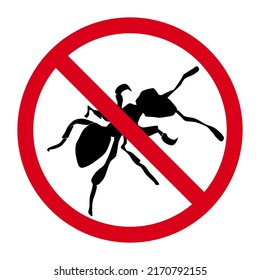 Ant icon on red prohibition sign isolated on white background.