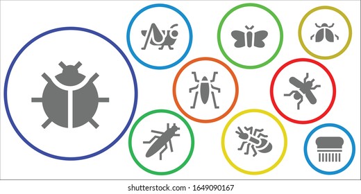 ant icon set. 9 filled ant icons. Included Ladybug, Grasshopper, Moth, Ant, Insect, Mosquito, Flea icons