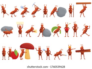 Iconos de hormiga establecidos. Conjunto de dibujos animados de iconos vectoriales hormigueros para el diseño web