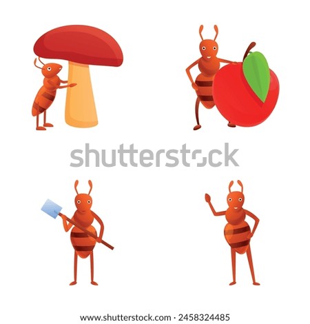 Ant icons set cartoon vector. Cute cartoon worker ant. Various character