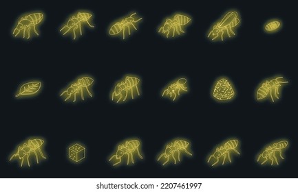 Ant icons set. Isometric set of ant vector icons neon color on black