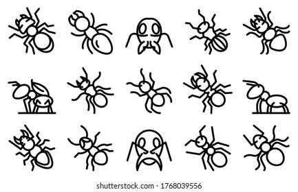 Ant icons set. Outline set of ant vector icons for web design isolated on white background
