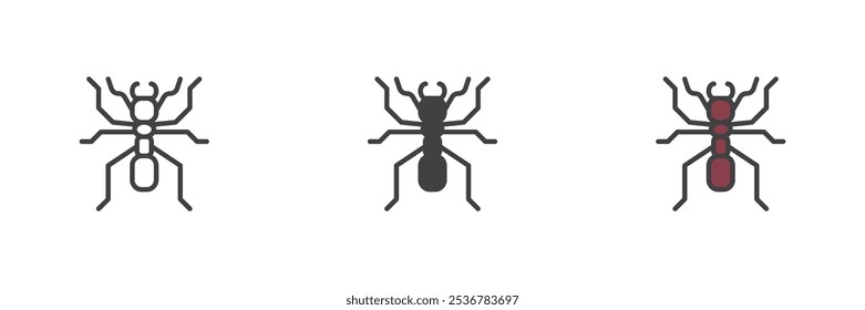 Ant insect different style icon set. Line, glyph and filled outline colorful version, outline and filled vector sign. Pismire symbol, logo illustration. Vector graphics