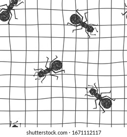 Ant insects hand drawn vector seamless pattern on white background. For wrapping paper, fabric, textile, wallpaper, background