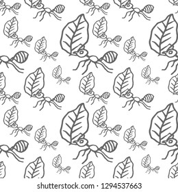 ant with leaf vector seamless pattern isolated on white backgrou