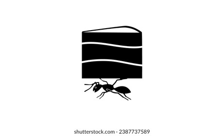 Logo de la hormiga, Ant arrastra un trozo de torta, silueta negra aislada