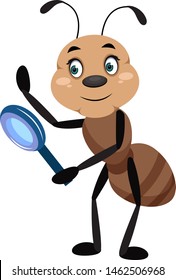 Hormiga con herramienta de aumento, ilustración, vector sobre fondo blanco.