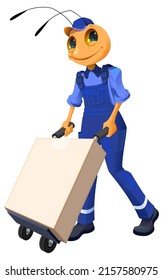 Ant Mail Delivery Box Cargo On Trolley. Post Office Worker In Blue Uniform. Vector Cartoon Illustration Isolated On White