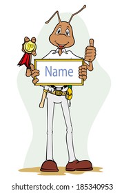 Ant mascot illustration holding frame with name and medal. Ideal for catalogs, informative and institutional material