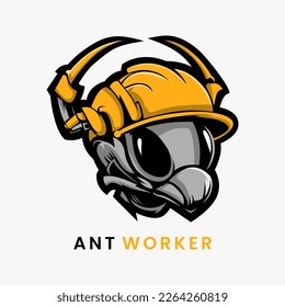 Ant mascot logo with safety helmet for construction company logo design isolated on white background