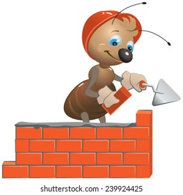 Ant mason builds a wall. Vector cartoon illustration