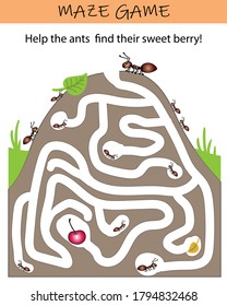 Ant maze puzzle. Educational game for kids. Worksheet for kindergarten, preschool and school.