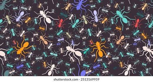 Ant monochrome seamless pattern vector illustration. Colored little ants on black background of the random silhouette colorful ants. Template texture for you design. Vector illustration.