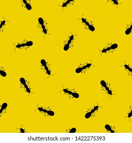 Ant monochromic pattern vector illustration. Black ants on yellow background