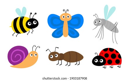 Ant, mosquito, bee bumblebee, butterfly, snail cochlea, lady bug ladybird insect icon set. Ladybug. Cute cartoon kawaii funny baby character. Happy Valentines Day. Flat design. White background Vector