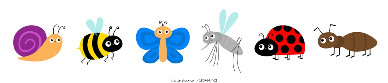 Ant, mosquito, butterfly, snail cochlea, bee bumblebee, lady bug ladybird insect icon set. Ladybug. Cute cartoon kawaii funny baby character. Happy Valentines Day. Flat design. White background Vector