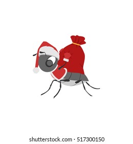 An ant in a new year costume carrying a bag with presents