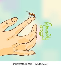 Ant on human hand. Hand drawn vector illustration could be used for textile,  yoga mat, phone case, t-shirt, etc