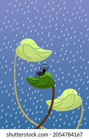Ant on lotus leaf in raining day isolated on blue background. Vector illustration.