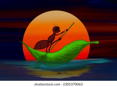 the ant is paddling a leaf on the surface of the water across the ocean against the background of the sunset, the sky is getting dark