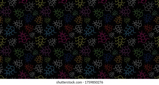 Ant, pattern with white, red, green, blue ants on a black background. Disco. Can be used for patterns of fabric, packaging, design, print.