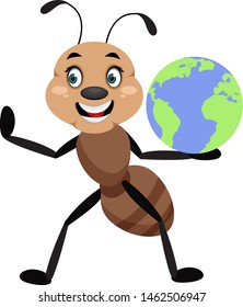 Ant with planet earth, illustration, vector on white background.