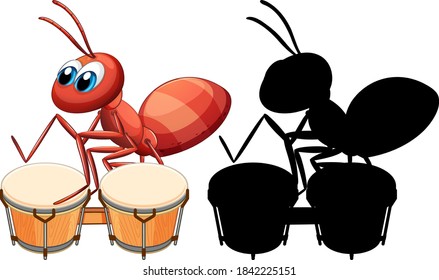 Ant playing drum and its silhouette illustration