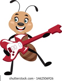 Ant tocando guitarra, ilustración, vector sobre fondo blanco.