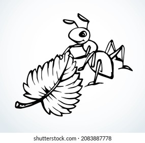 The ant is pulling a leaf. Vector drawing