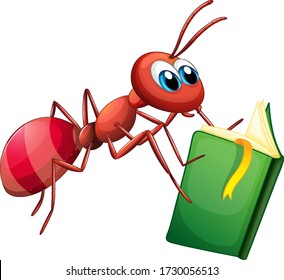 Ant reading book on white background illustration