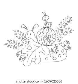 Ant riding on snail vector illustration cartoon. Cute ant and snail vector cartoon colorless for coloring book. 