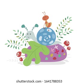 Ant riding on snail vector illustration cartoon. Cute ant and snail vector cartoon. 
