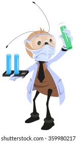 Ant scientist holding flask. Isolated on white