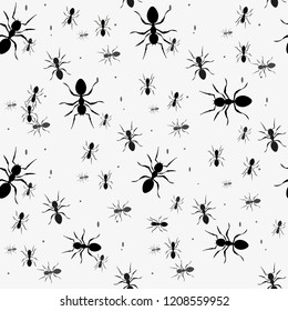 Ant seamless pattern. Black and white vector seamless pattern with ants. Animal background eps10