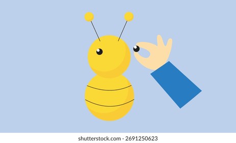 Hormiga mostrando señal de que está bien. Ilustración vectorial en estilo plano. Aislado sobre fondo azul.