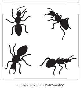 Conjunto de Silhuetas de Formiga - Ícones de Formiga Preta, Formas de Formiga para Insetos, Natureza, Entomologia e Design de Insetos em Estilo Minimalista